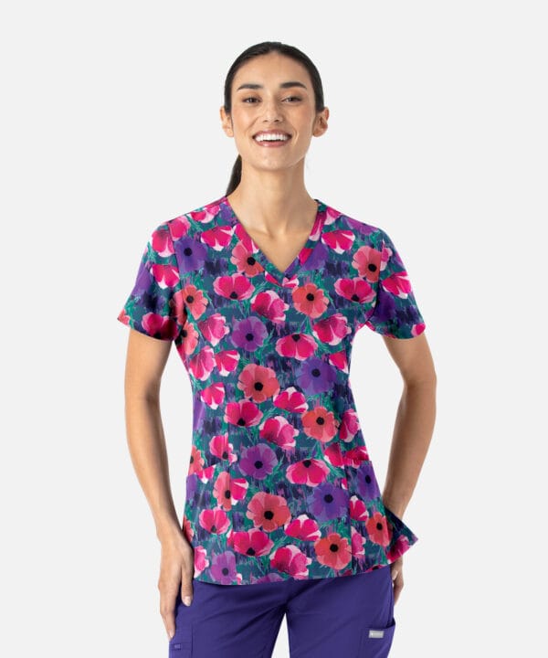 Women's Curved V-Neck Print Top Autumn Bloom | 1797-ATBL