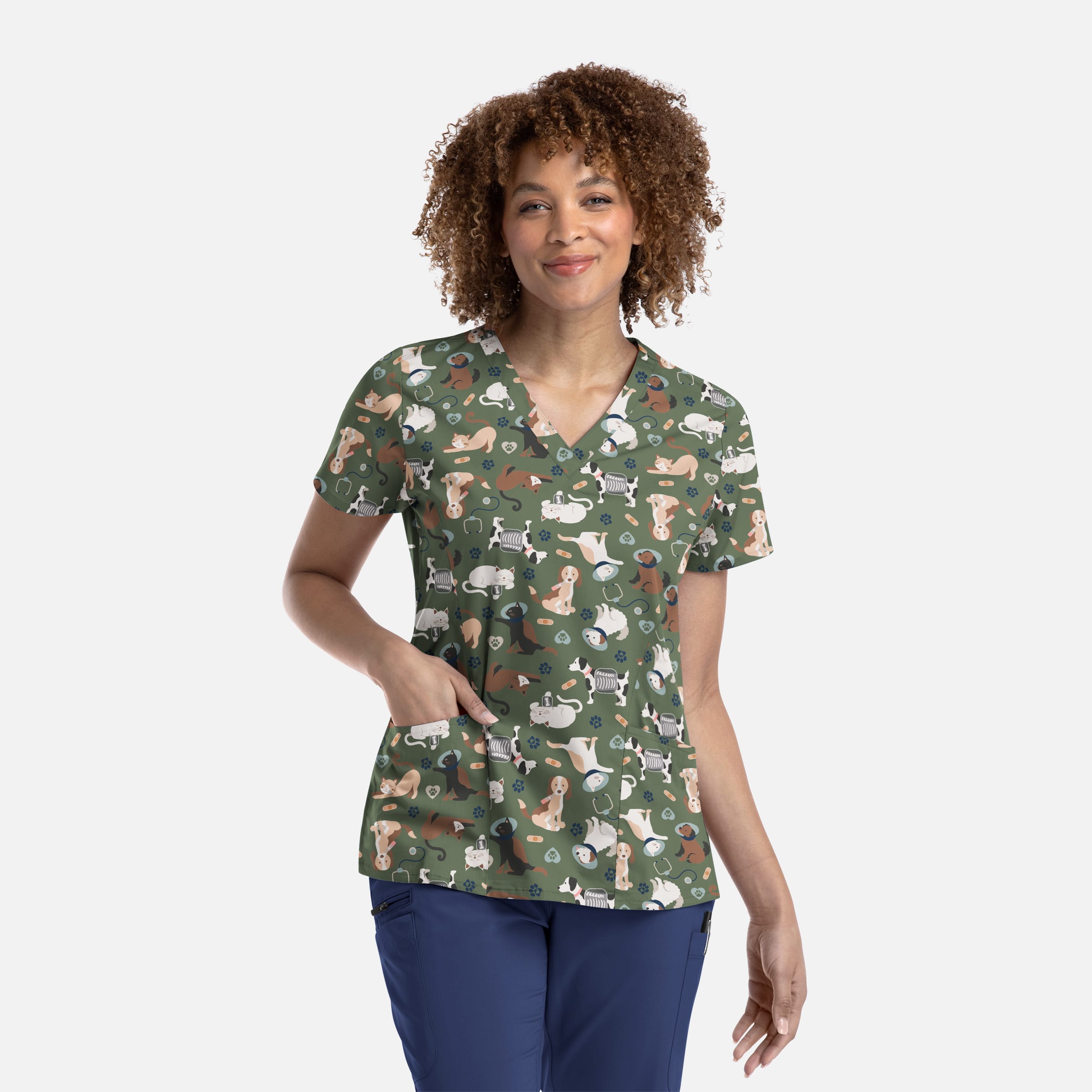 Women's Curved V-Neck Print Top Cuddly Checkup | 1797-CUDD