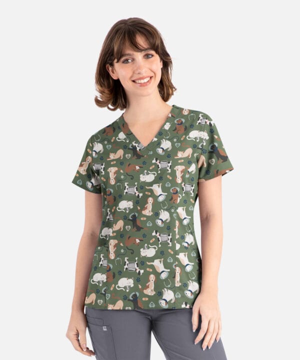 Alternative view of Women's Curved V-Neck Print Top Cuddly Checkup | 1797-CUDD
