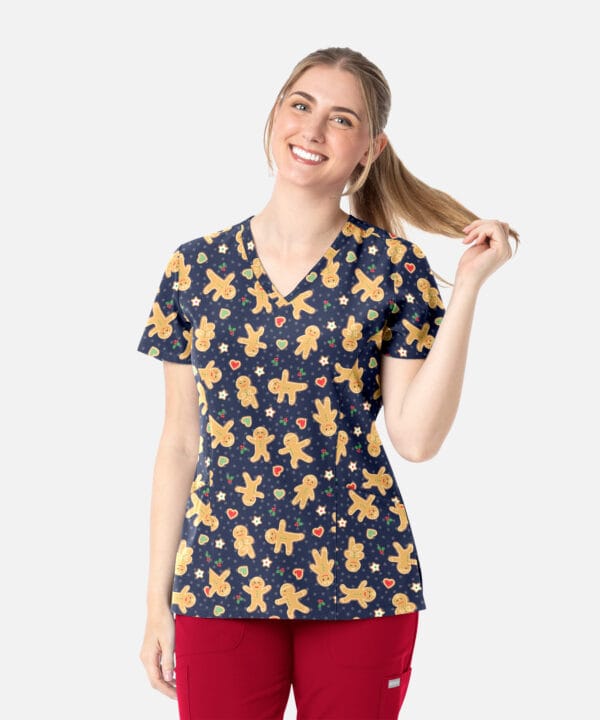 Women's Curved V-Neck Print Top Gingerbread Zen | 1797-GNZN