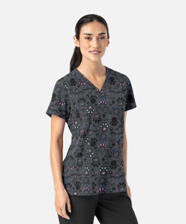 Alternative view of Women's Curved V-Neck Print Top Regal Paws | 1797-RPAW